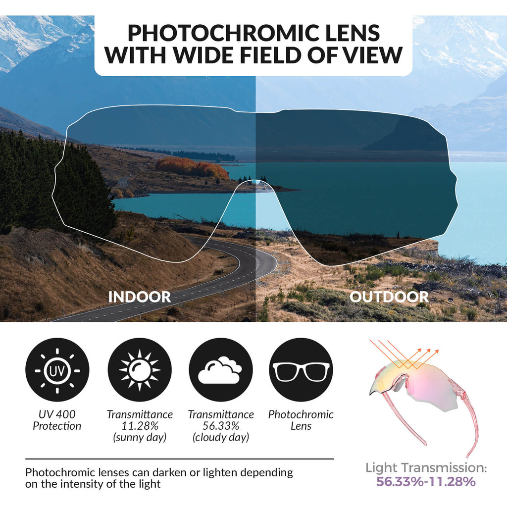 ROCKBROS photochromic or polarised cycling sunglasses SP359, UV400 protection sports eyewear for men and women. #Color_Pink/Photochromic