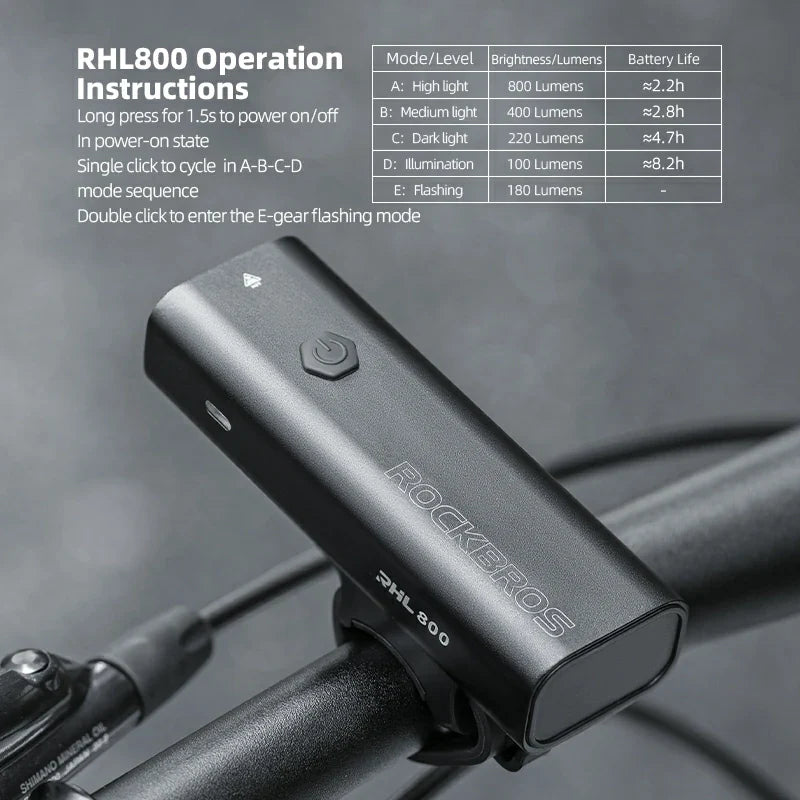 ROCKBROS Bike Light 800 Lumens USB Rechargeable Bike Headlight Super Bright #Type_RHL800