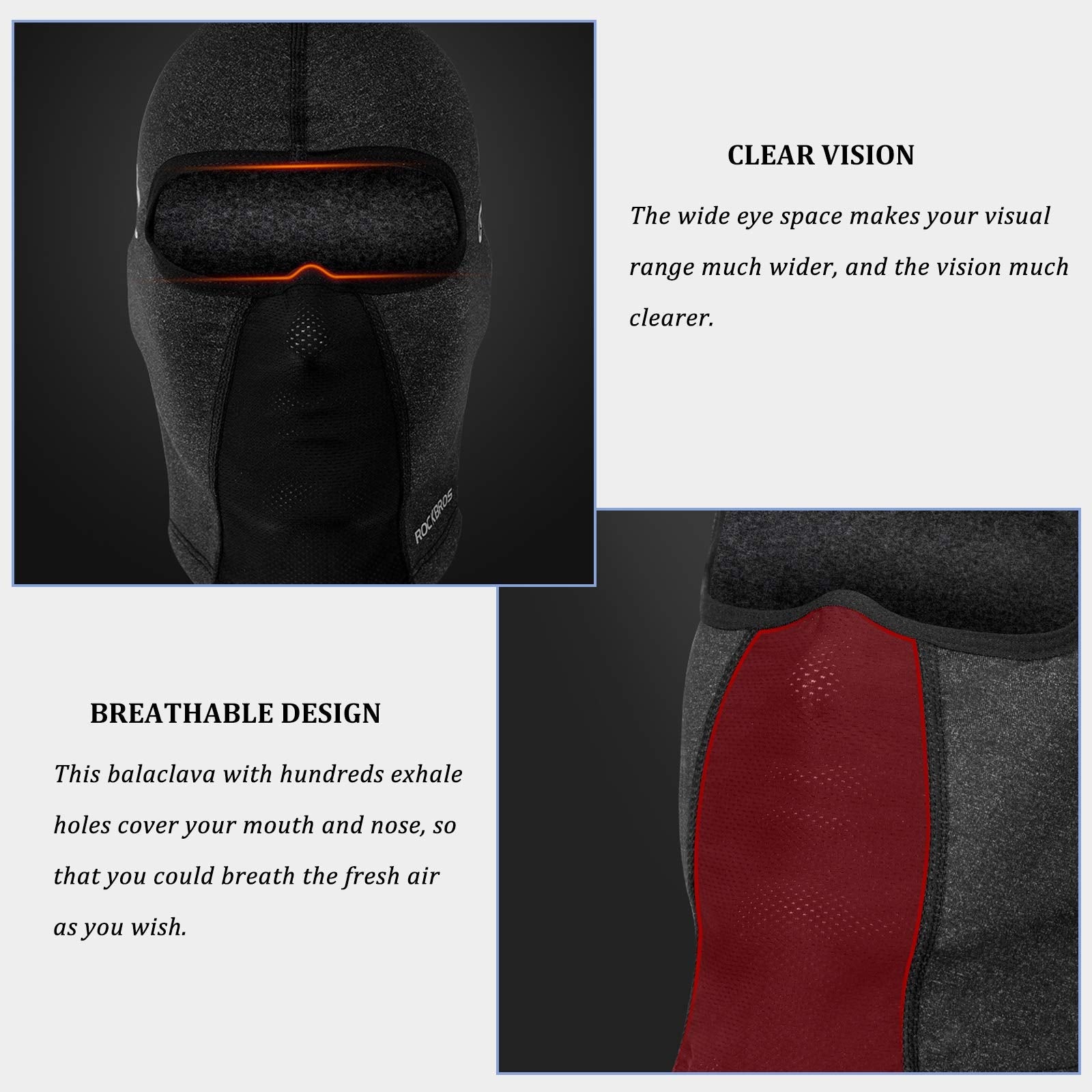 ROCKBROS Windproof Balaclava Winter Face Cover  Thermal Fleece Neck Warmer #Style_Grey-With holes for glasses