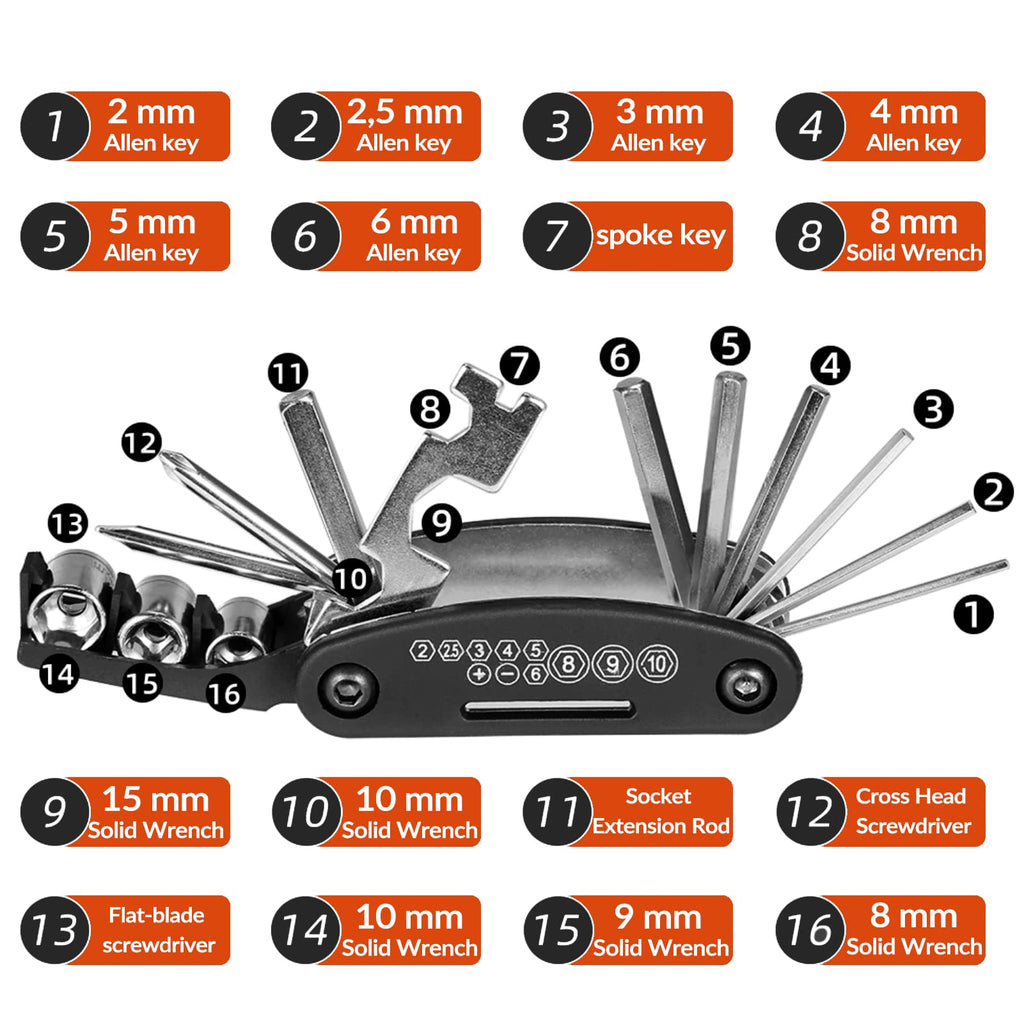 ROCKBROS Bicycle Repair Tool Bike Pocket Multi Function Folding Tool 16 in 1 Black