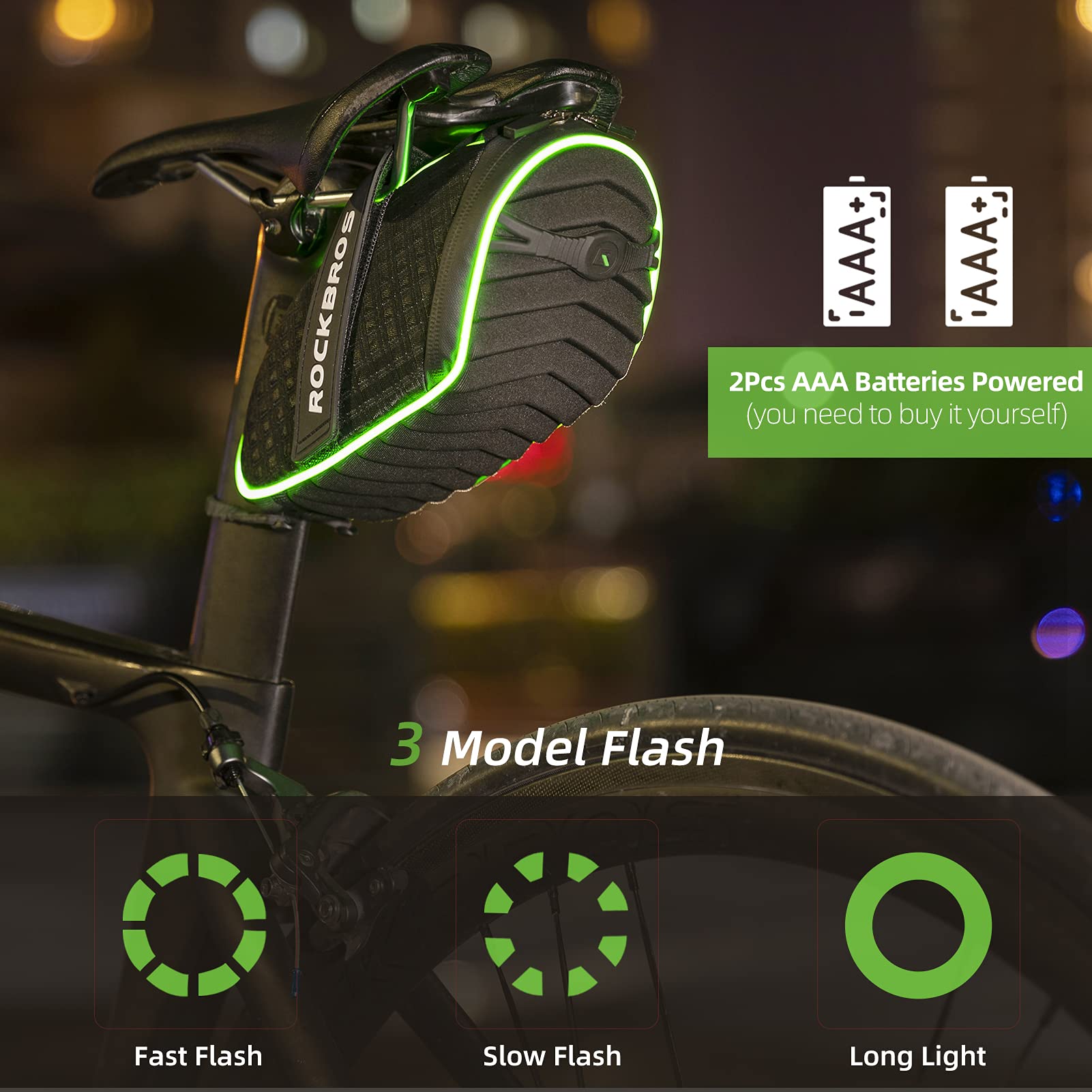 ROCKBROS Bicycle Saddle Bag Under Seat 3D Shell Cycling Seat Pack #Size_Green Black+tool