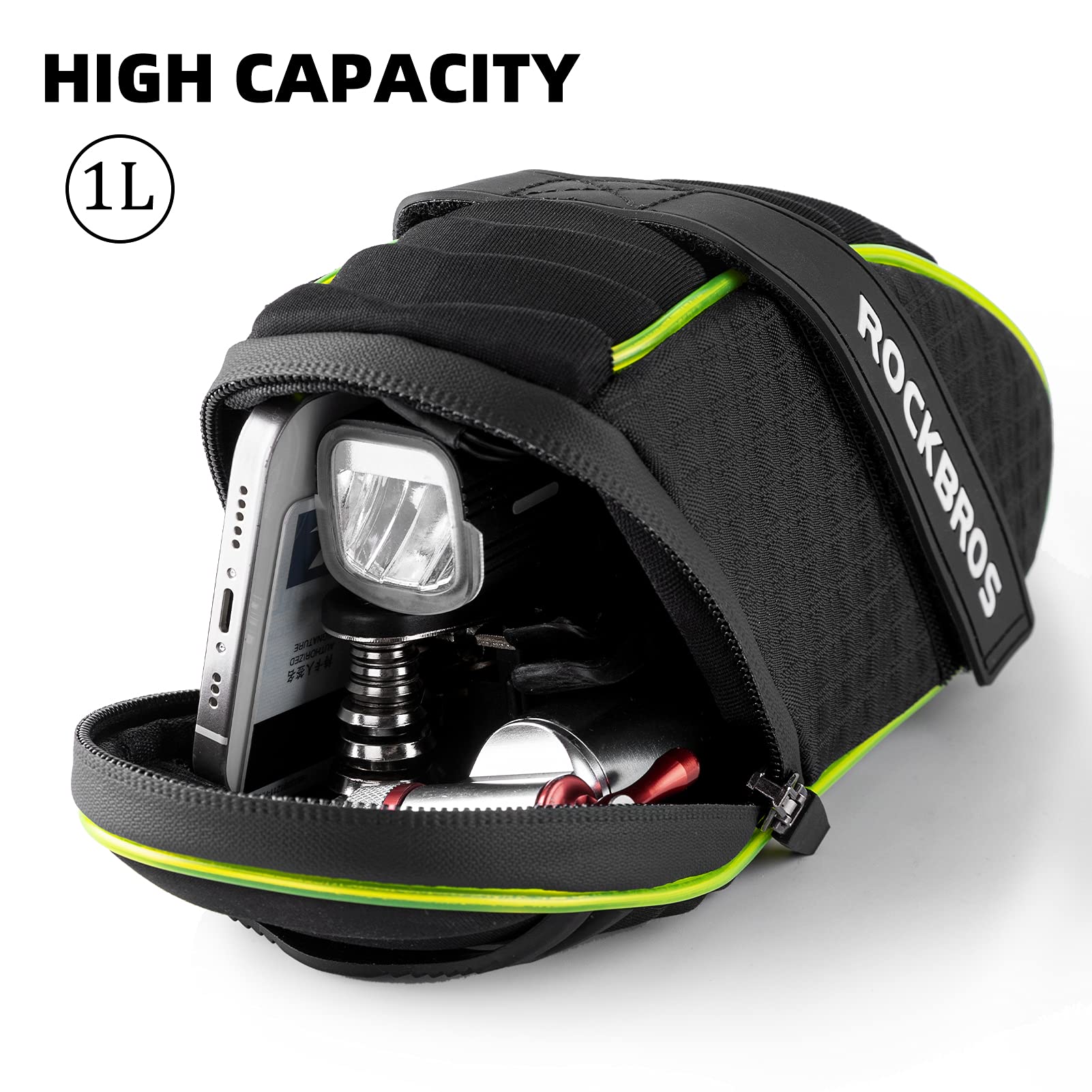ROCKBROS Bicycle Saddle Bag Under Seat 3D Shell Cycling Seat Pack #Size_Green Black