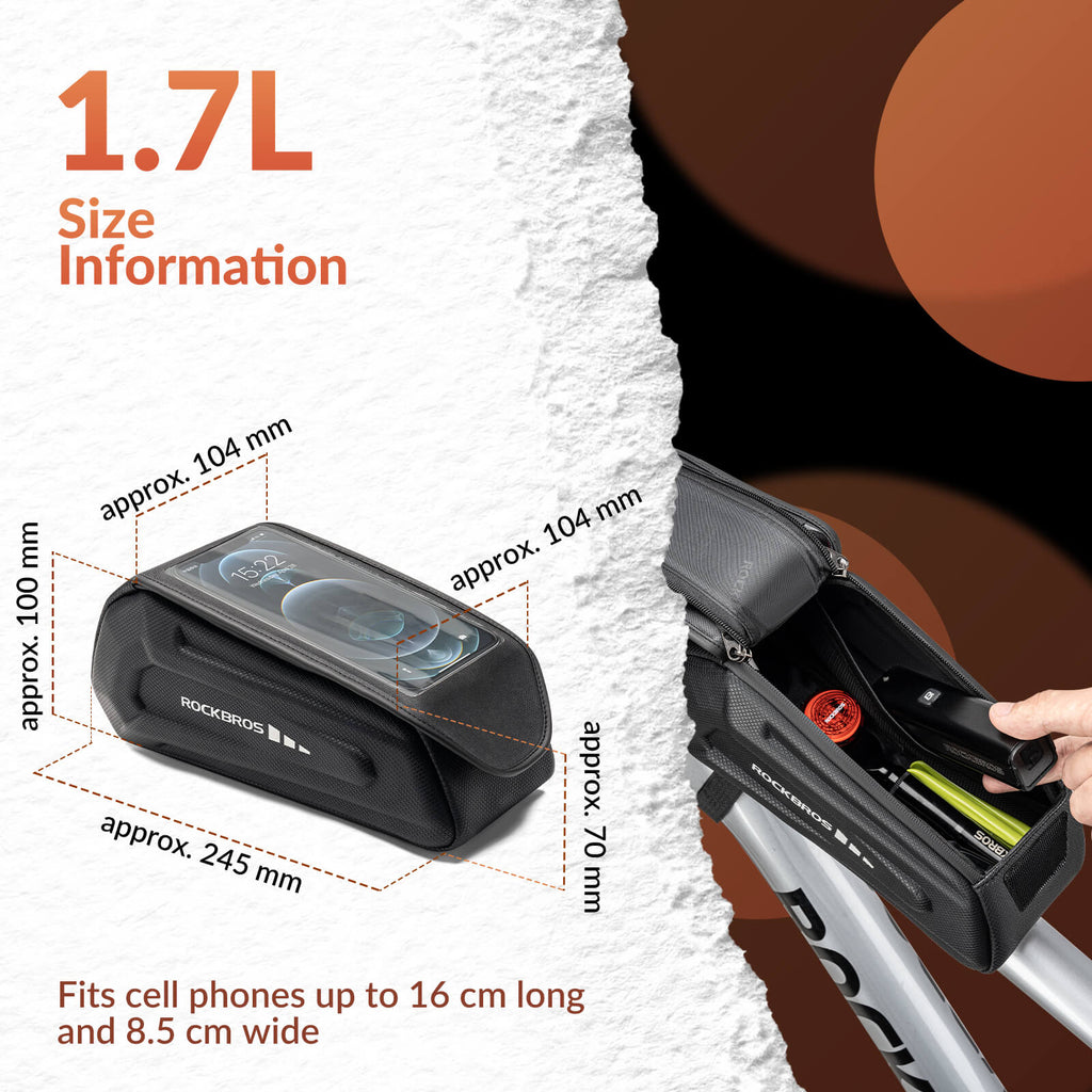ROCKBROS Bike Frame Bag 1.7L – Smart Storage + Phone Access On The Go!​ #Color_Black