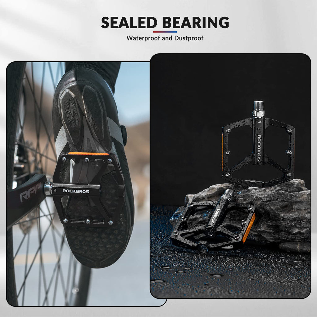 ROCKBROS Bike Pedals Aluminum Alloy Light Flat Pedals with Reflectors #Color_Black