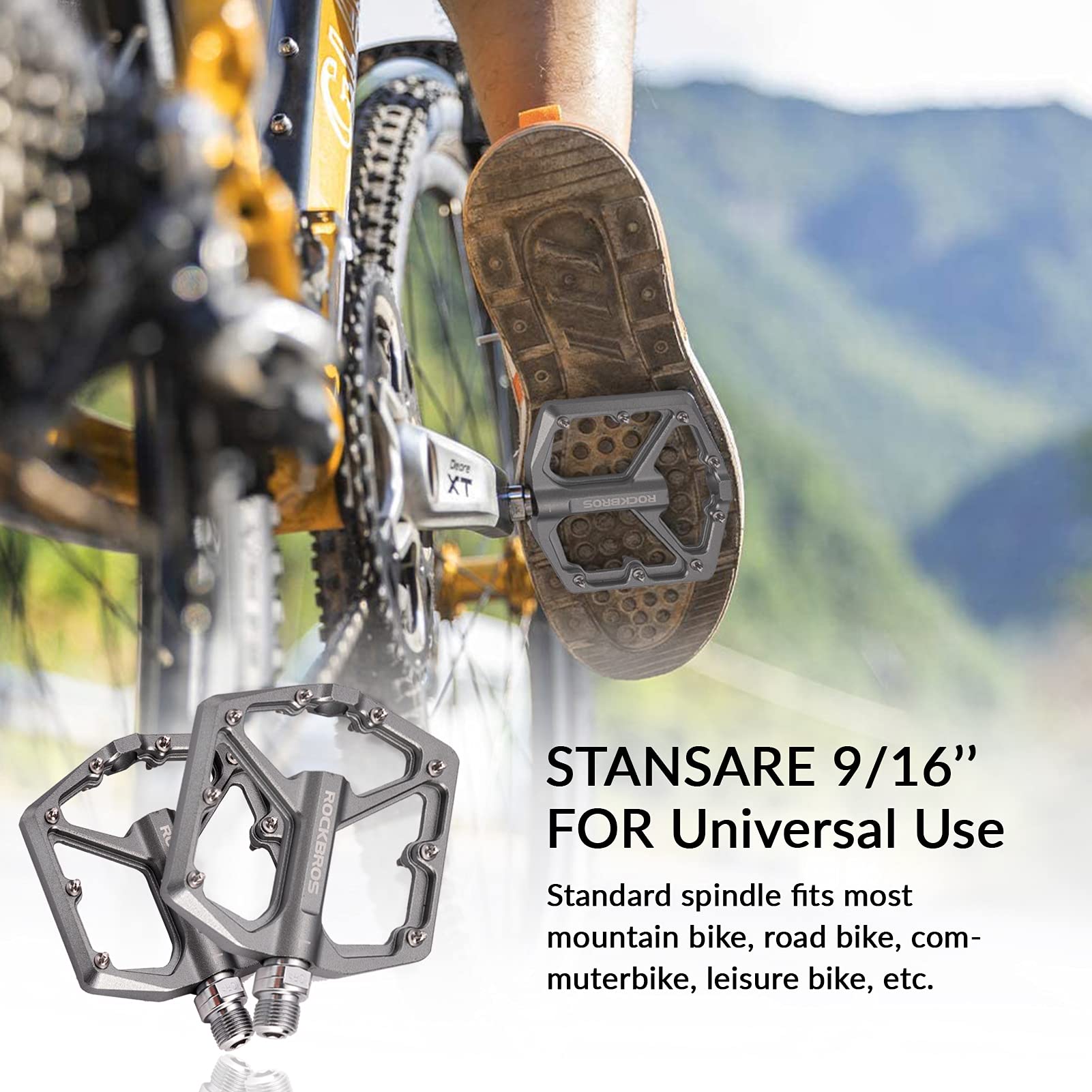 ROCKBROS Bike Pedals Ultra Lightweight Flat  Pedals 9/16 Inch (Pair) #Color_Titanium