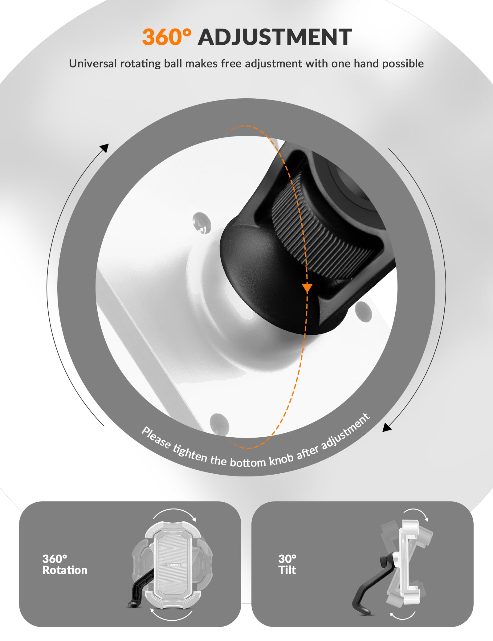 ROCKBROS Bike Phone Mount 360°Rotatable Phone Mount for Bicycle Motorcycle #Style_White (rear view mirror)