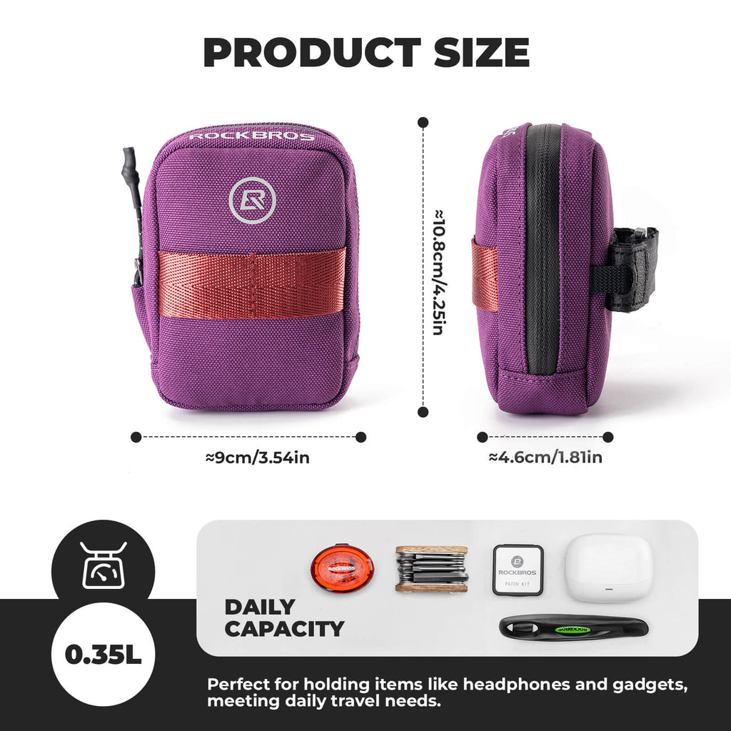 ROCKBROS portable bike saddle bag 0.35L, compact and lightweight under-seat cycling pouch. #Color_Purple
