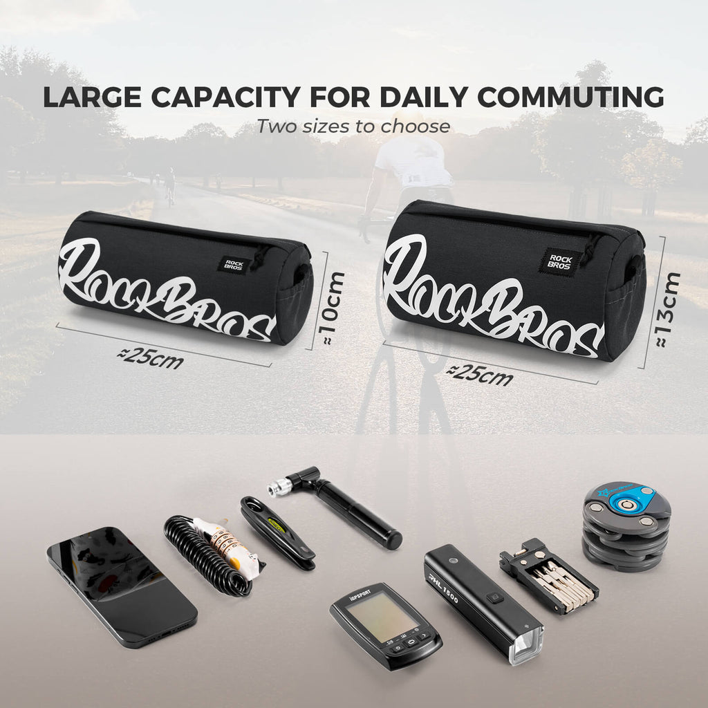 ROCKBROS cylindrical bike handlebar bag, waterproof, durable, versatile storage bag for cycling adventures. 