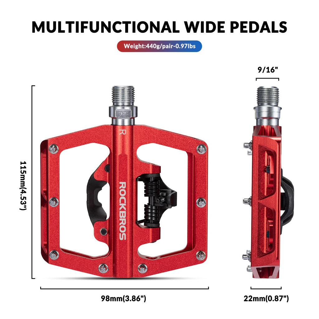 ROCKBROS Dual Functionality Bike Pedals Clipless Flat Bike Pedals (Pair) #Color_Red
