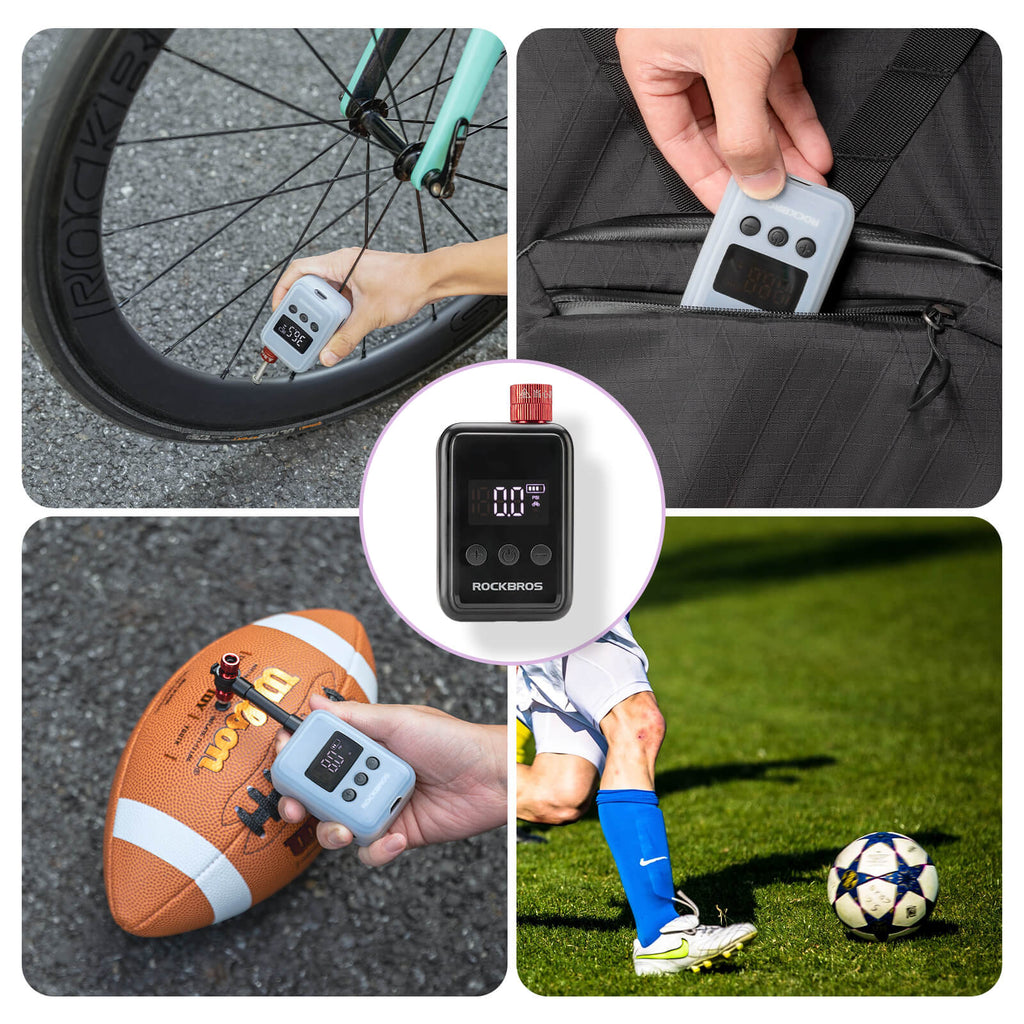 ROCKBROS electric bicycle pump, portable mini air pump with LED display, high-pressure inflation for cycling and outdoor use.