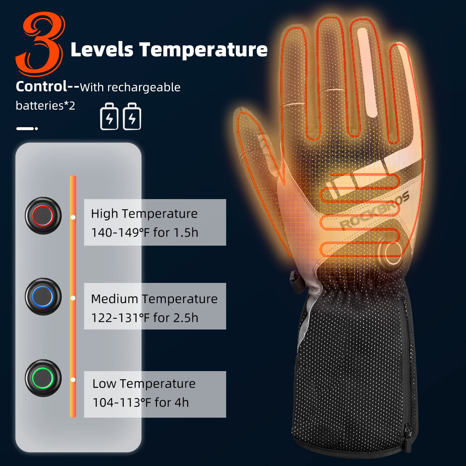 Battery Heated Gloves Winter Touchscreen 3 Gear Electric Cycling Gloves - ROCKBROS-UK