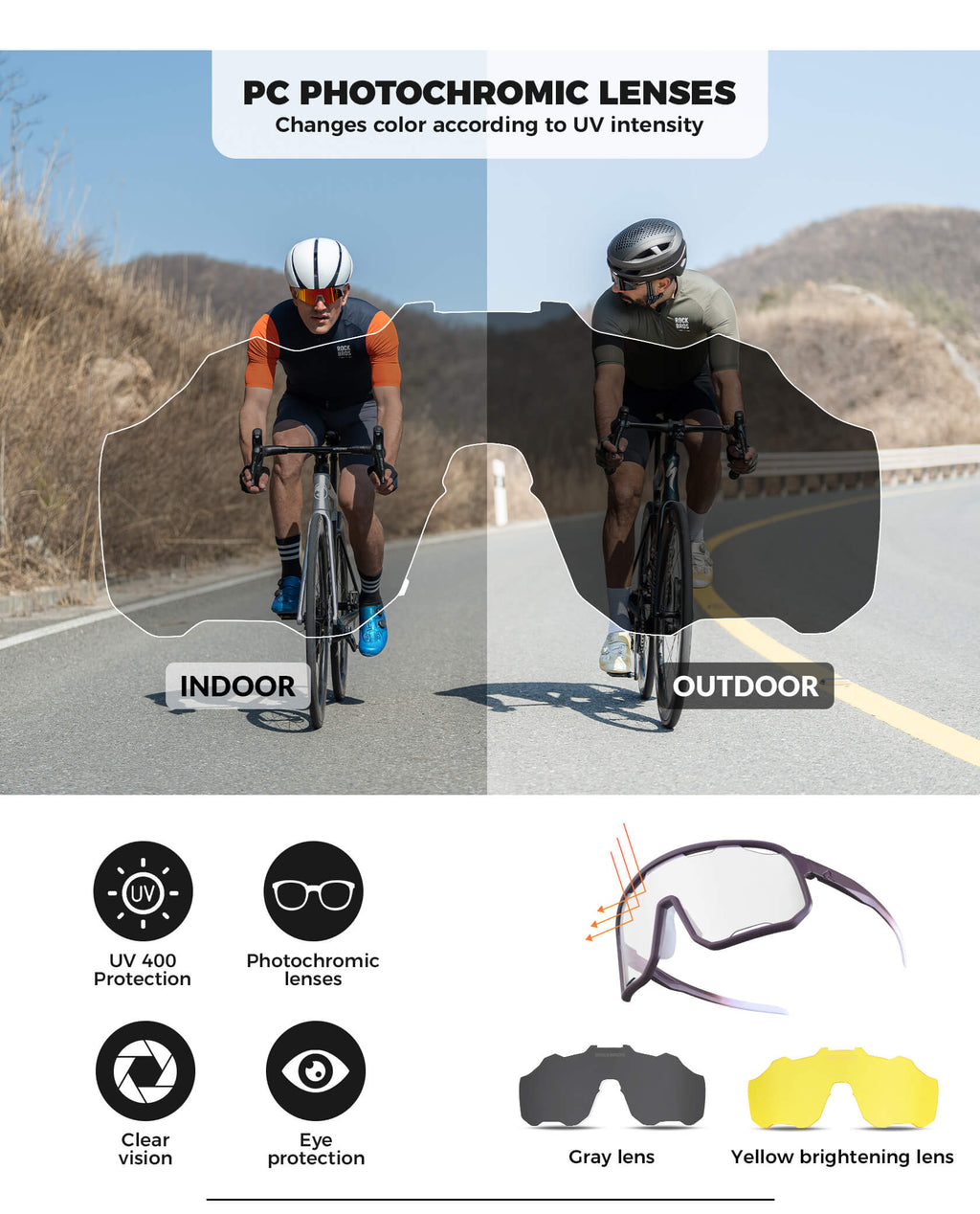 ROCKBROS photochromic sunglasses, UV400 protection, transparent cycling glasses, windproof, TR90 frame, ideal for outdoor sports #Color_Mauve