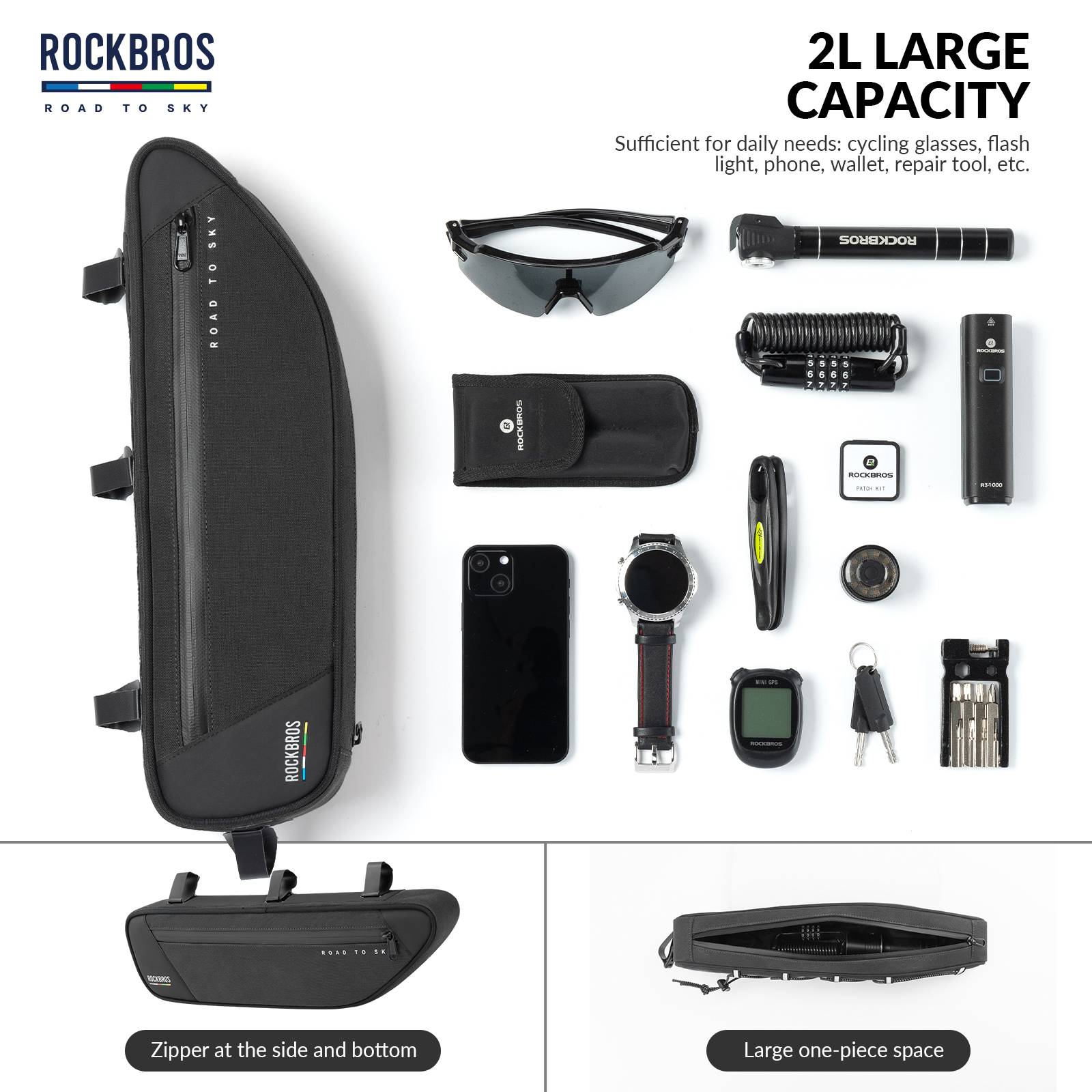 ROCKBROS Road-to-Sky Bike Frame Bag Reflective Waterproof Triangular Bag  #Color_Black