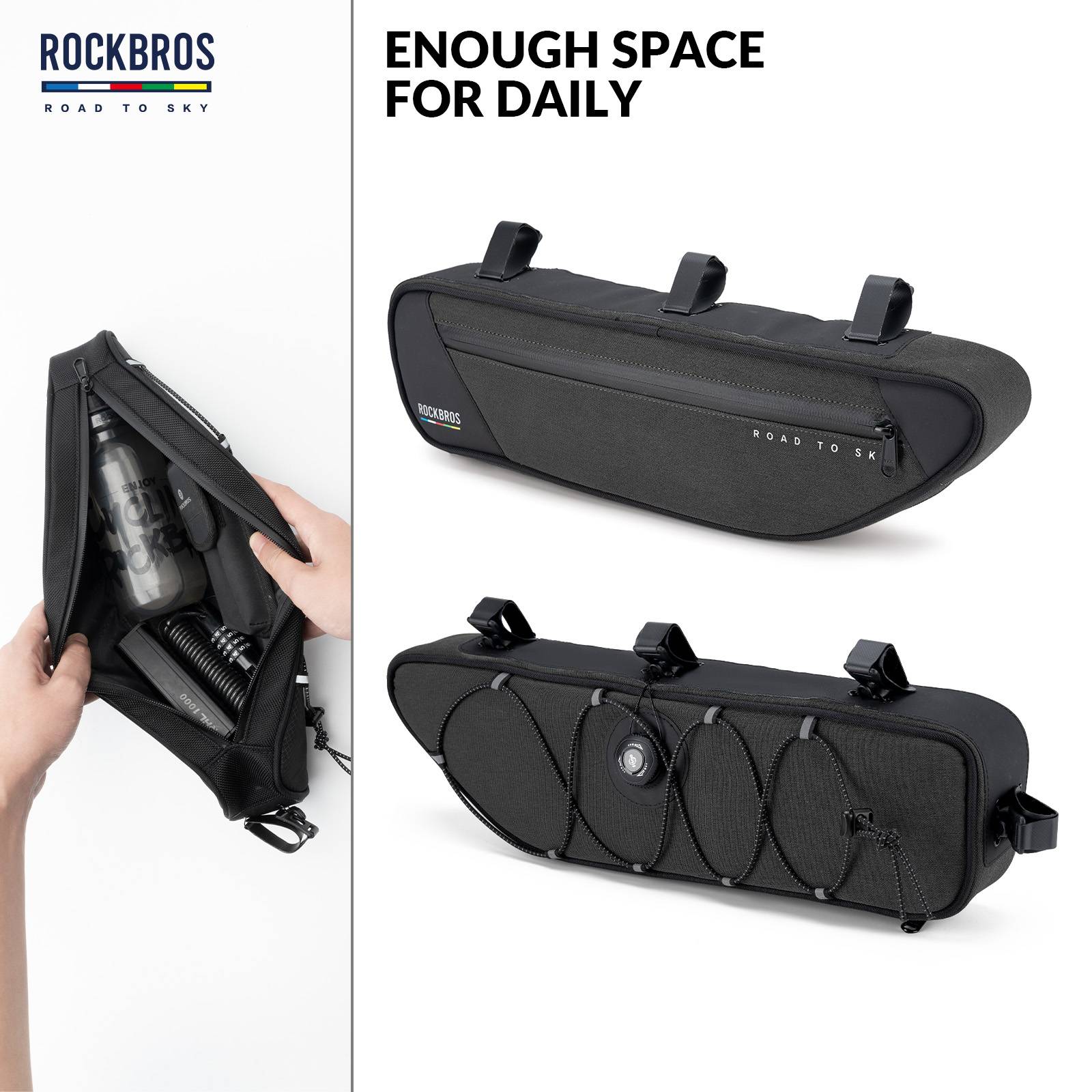 ROCKBROS Road-to-Sky Bike Frame Bag Reflective Waterproof Triangular Bag  #Color_Black