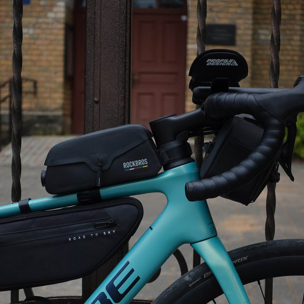 rockbros road-to-sky magnetic top-tube frame bag, 100 % waterproof, expandable 0.6–0.9 l, secured to carbon frame