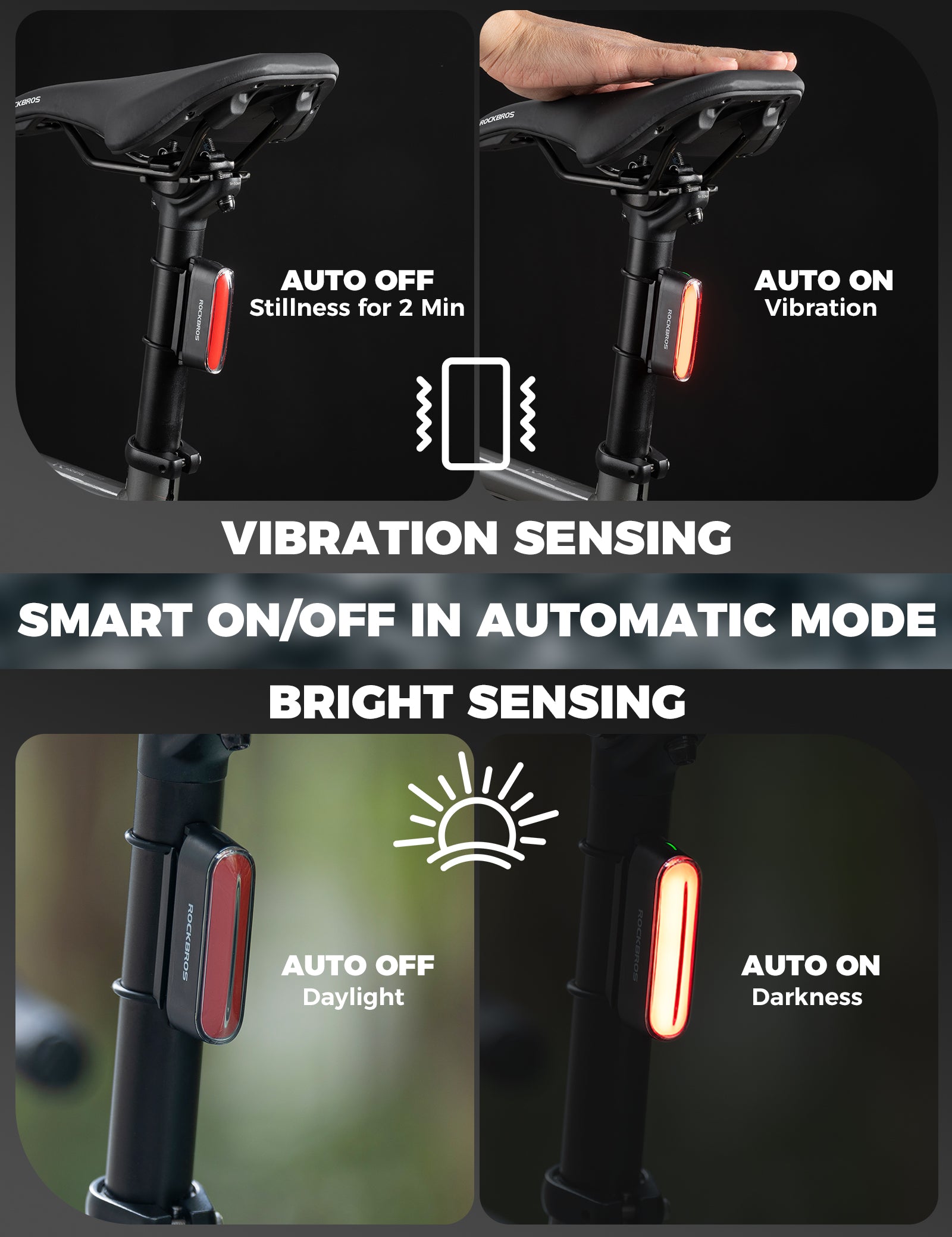 ROCKBROS Smart Bike Rear Light Magnetic Tail Light Rechargeable Waterproof