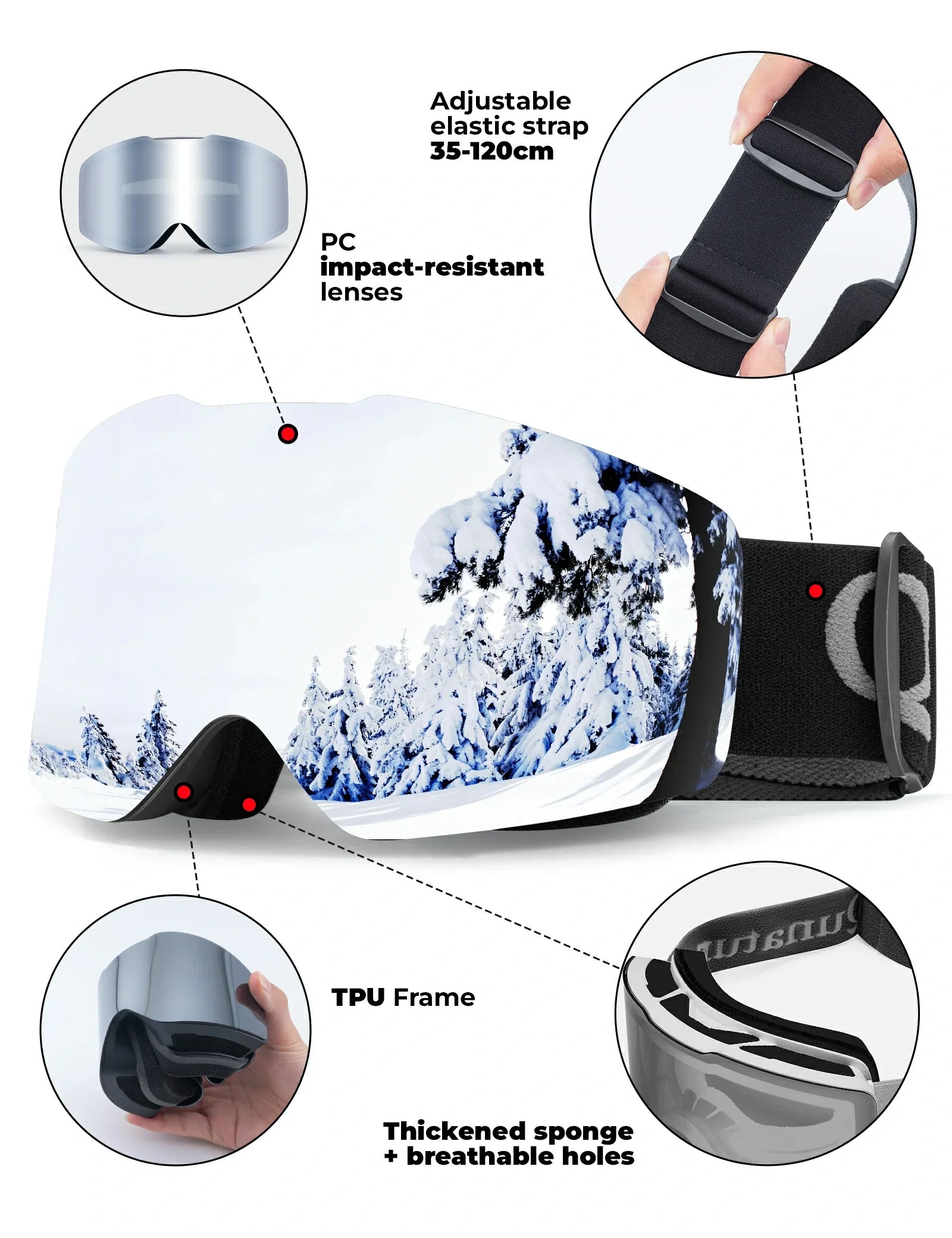 frameless ski goggles with uv400 anti-fog protection#Strap color_Black