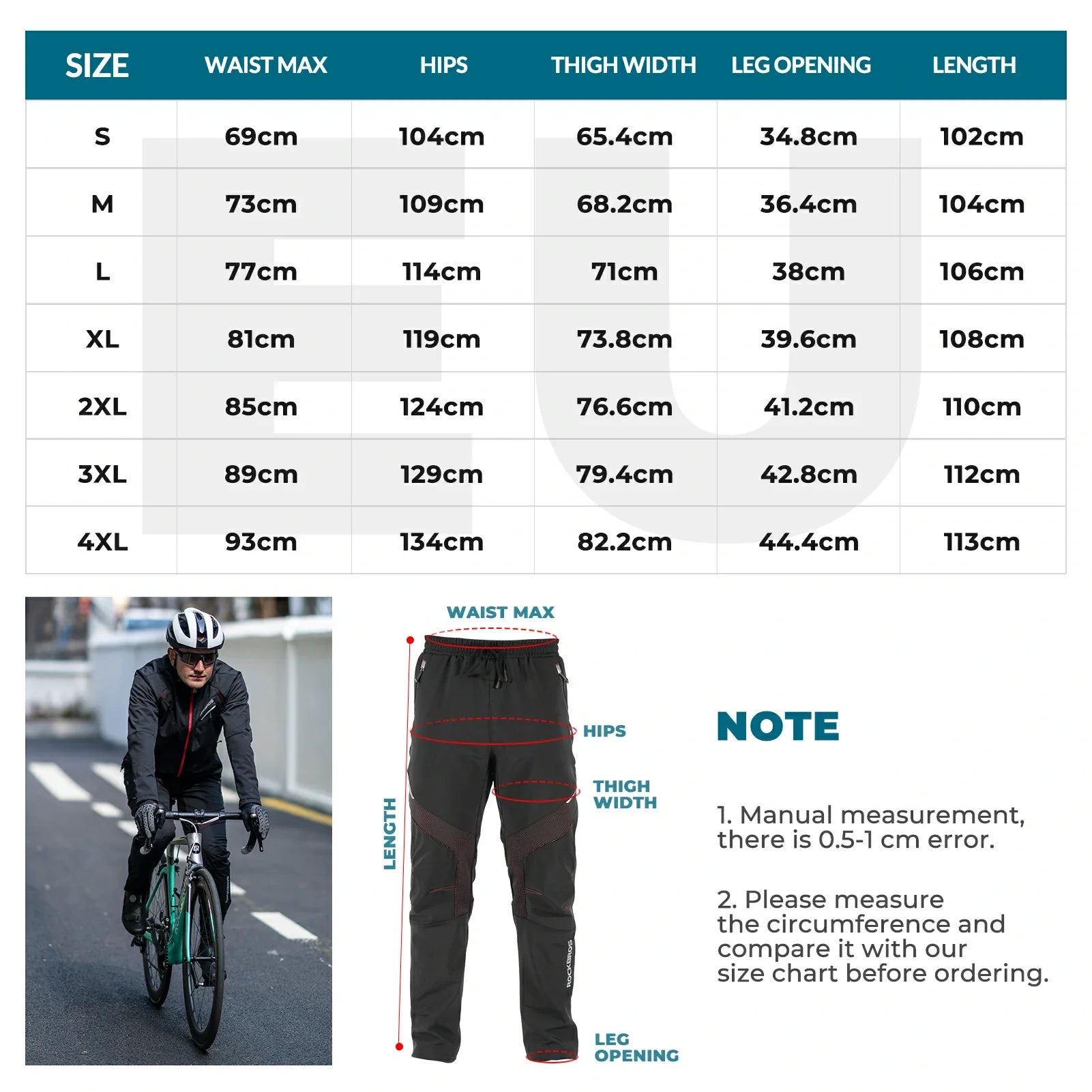Size chart for cycling pants with measurements 