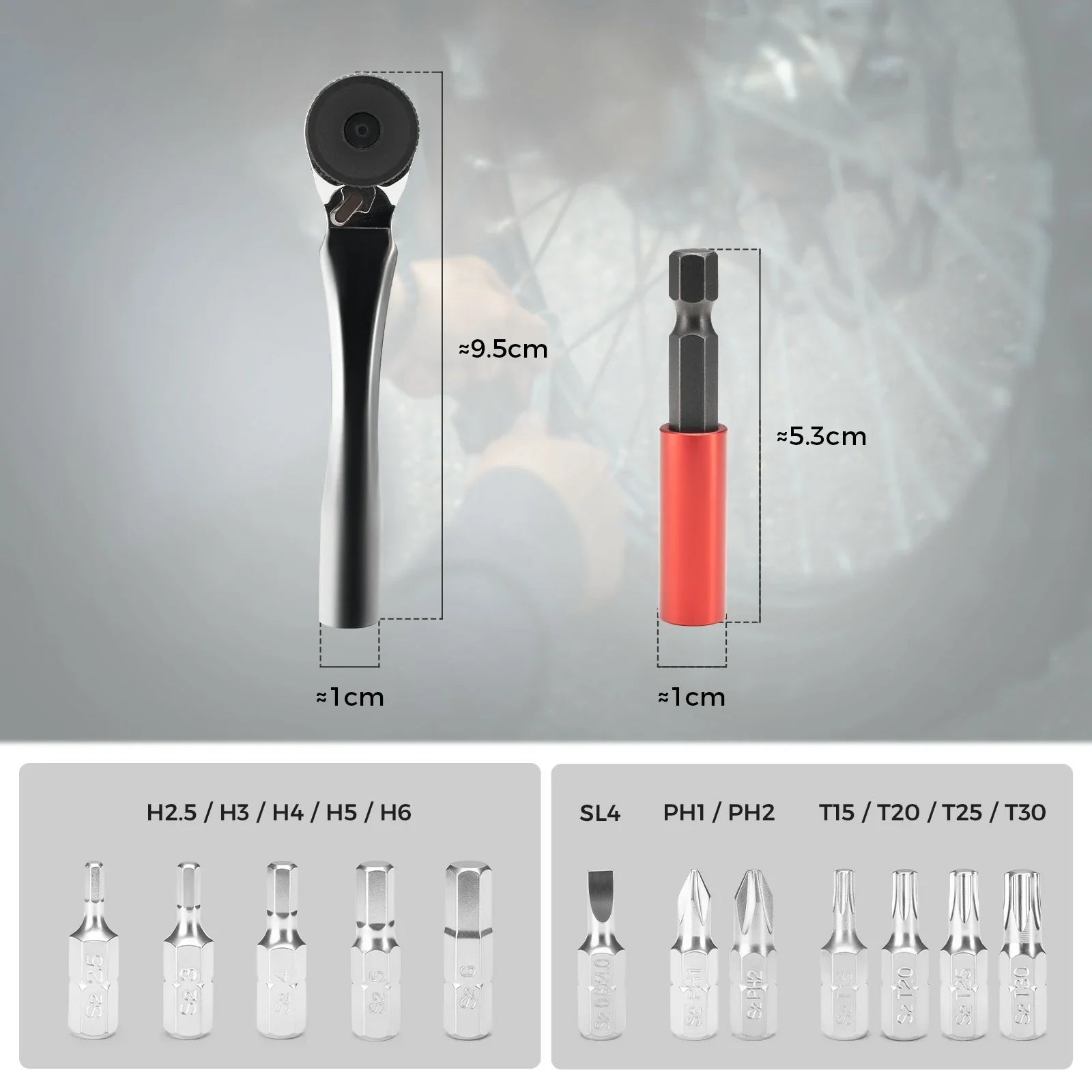 Portable cycling tool kit with mini ratchet and 12 bits for bikes