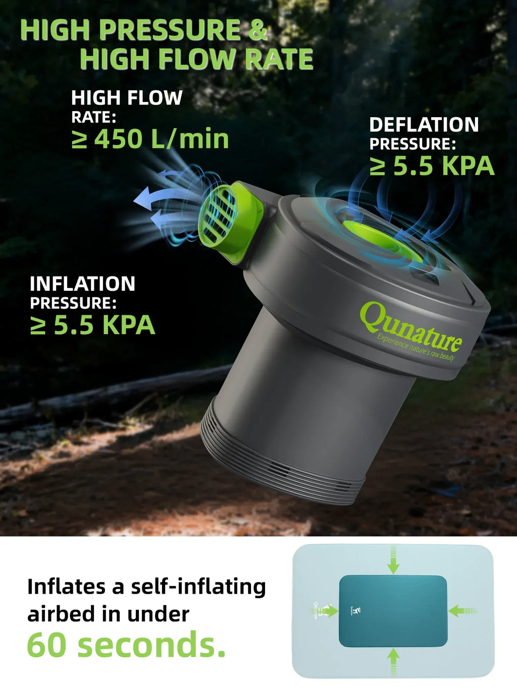 Qunature air pump with technical specifications on a dark background