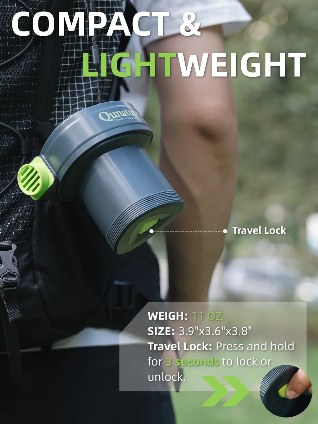 Compact and lightweight water bottle with travel lock feature, shown on a person outdoors.