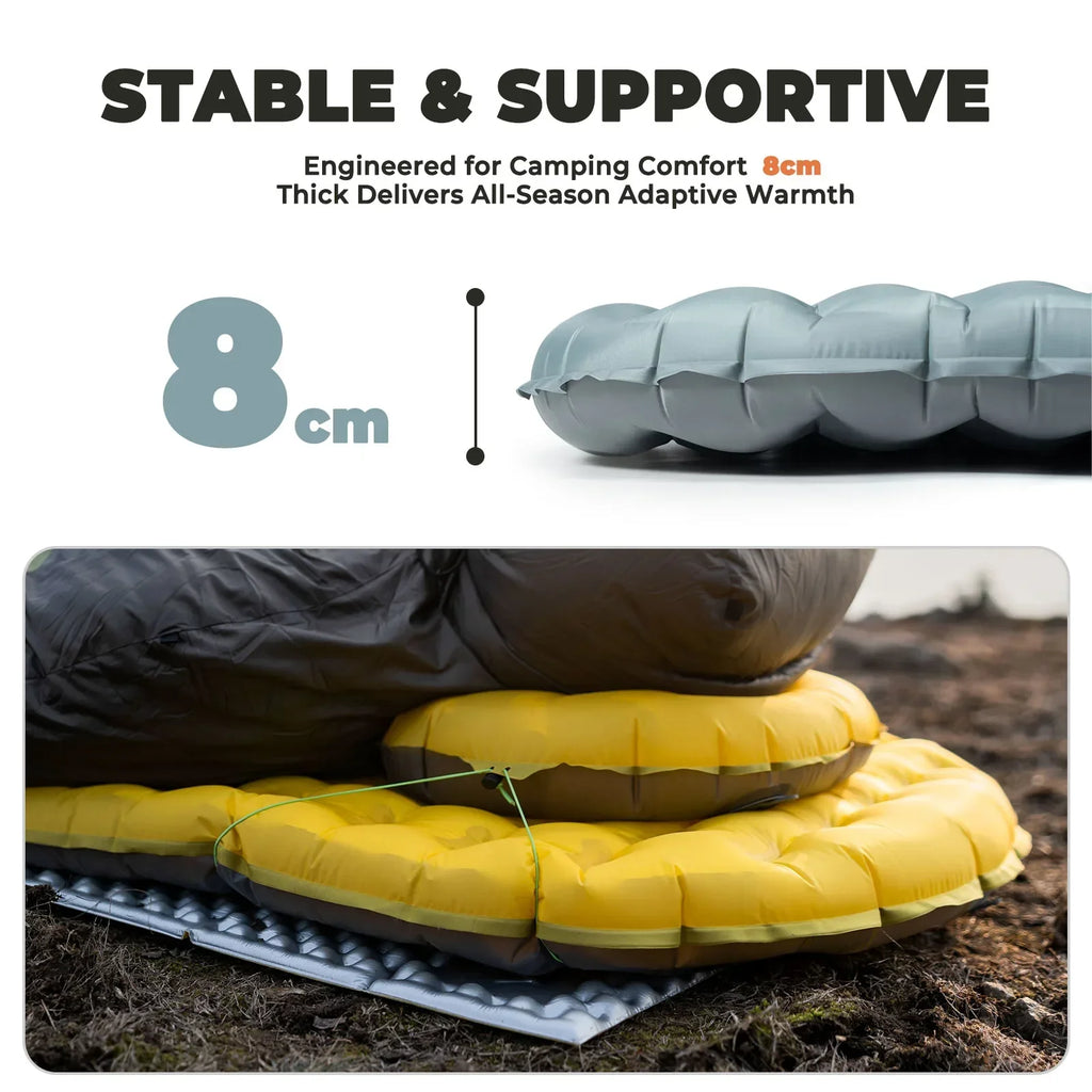 Camping cushion with text highlighting stability, support, and comfort for camping use.