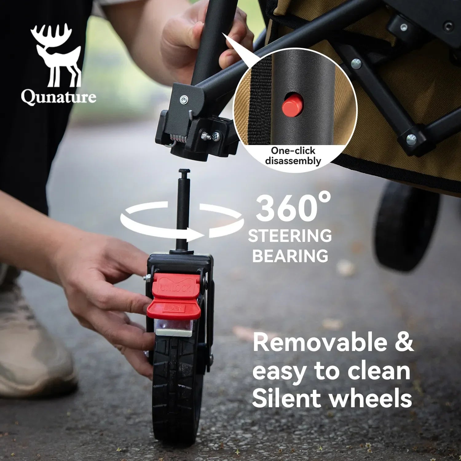 The silent wheels of this camping utility wagon can rotate 360 ??degrees and can be easily removed with one click.