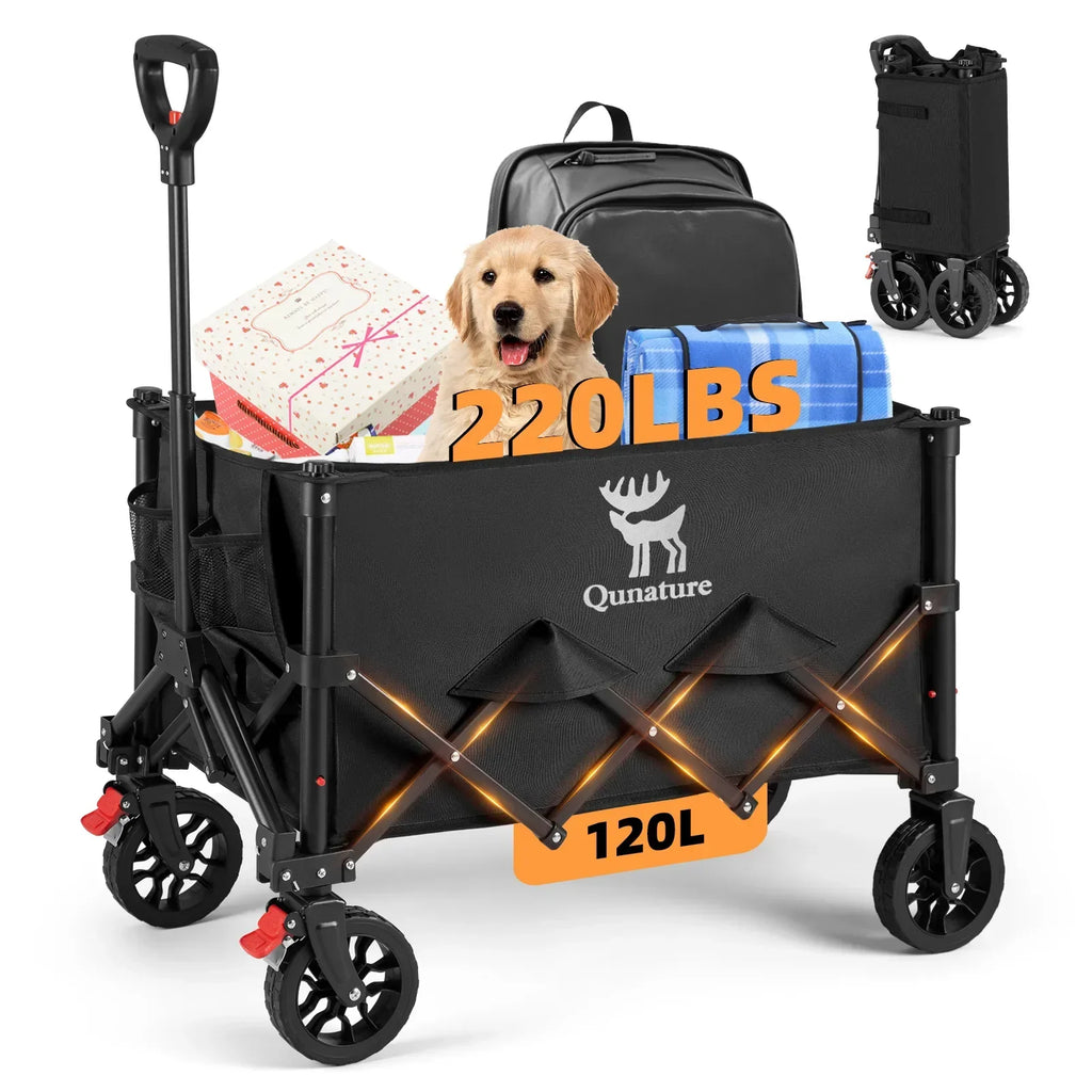 A black waterproof Oxford fabric camping utility wagon that can hold 220 LBS of supplies.