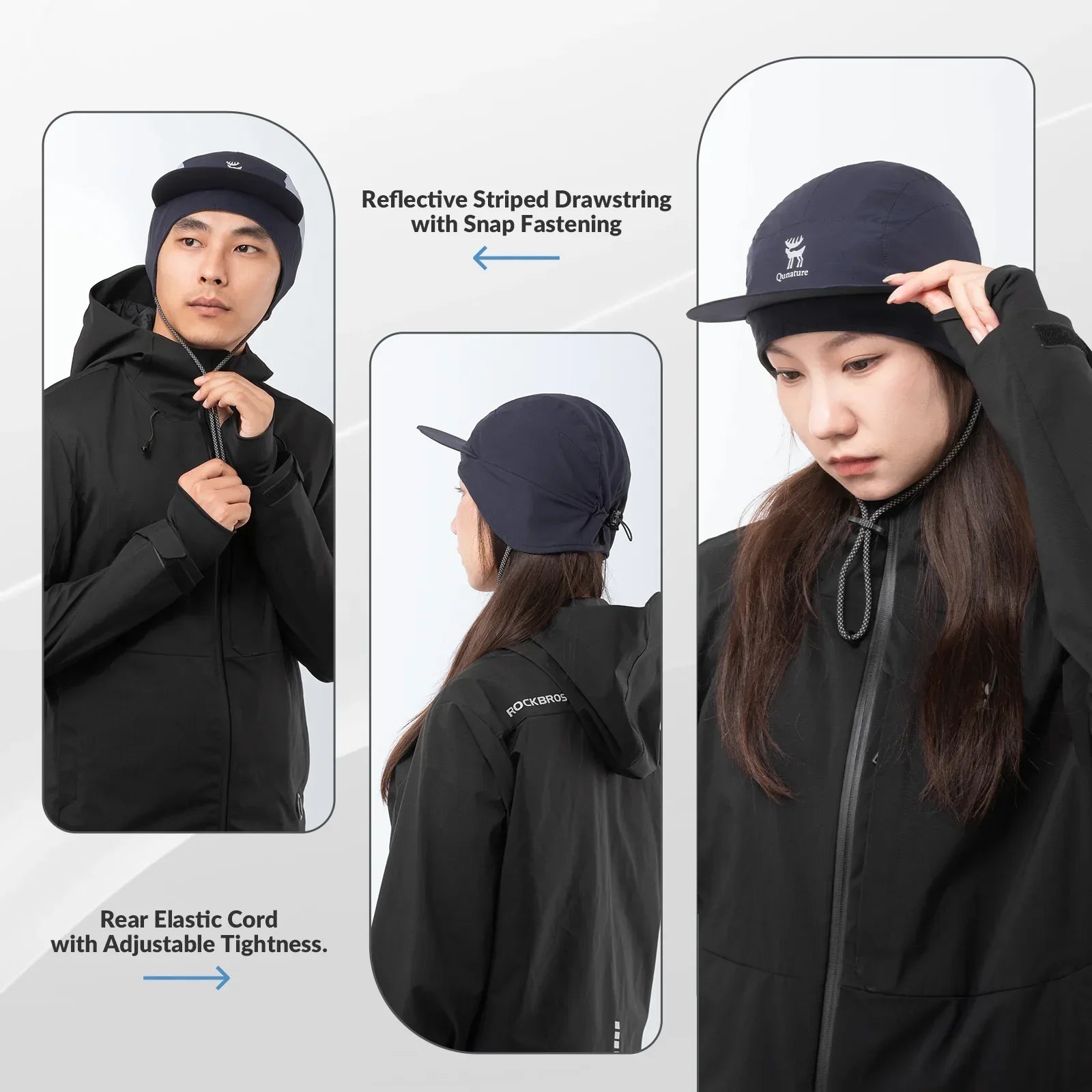 Black hooded jacket with reflective striped drawstring and adjustable features, worn by two models.