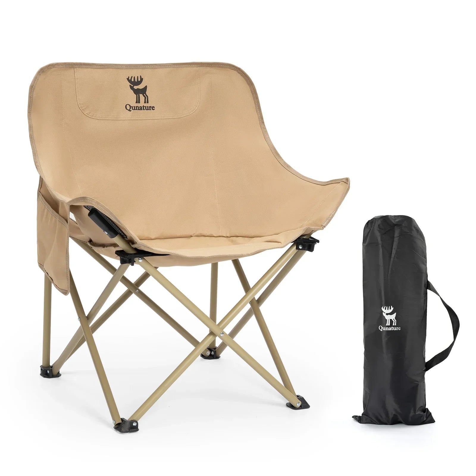 Beige camping chair with a carrying bag on a white background#color_khaki