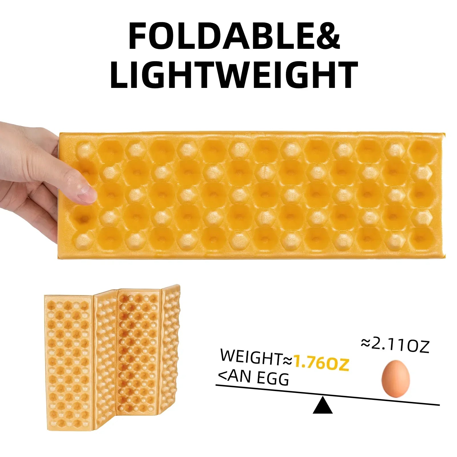 Foldable and lightweight ice cube tray with a hand holding it, showing its size compared to an egg.#color_Yellow