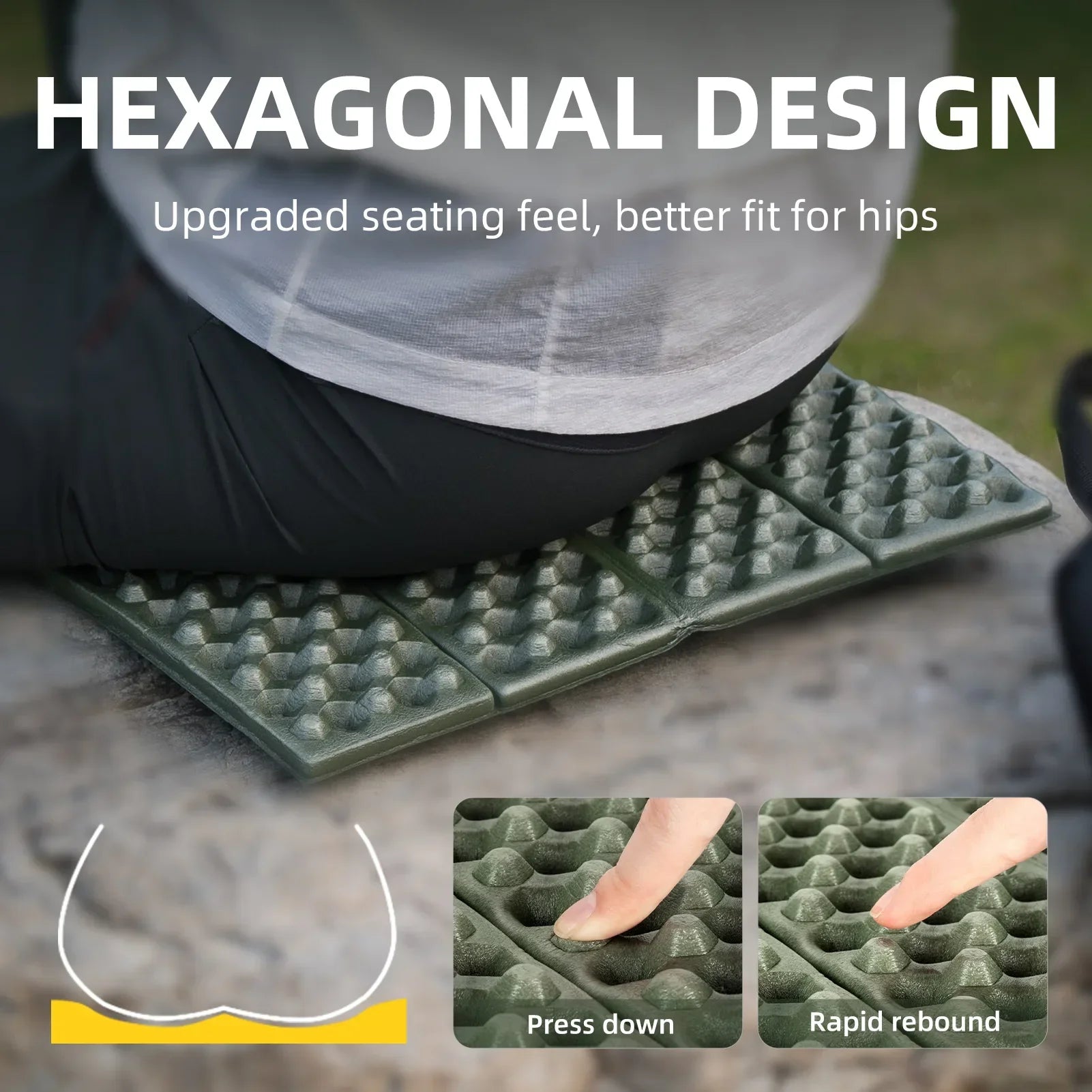 Hexagonal design seating pad with text highlighting its features, shown on a surface.#color_green