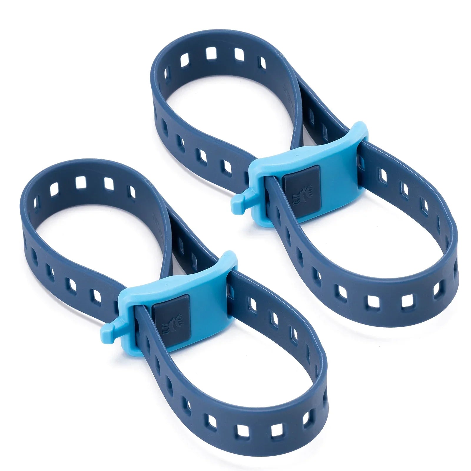 Two blue plastic straps with a buckle on a white background#color_Blue