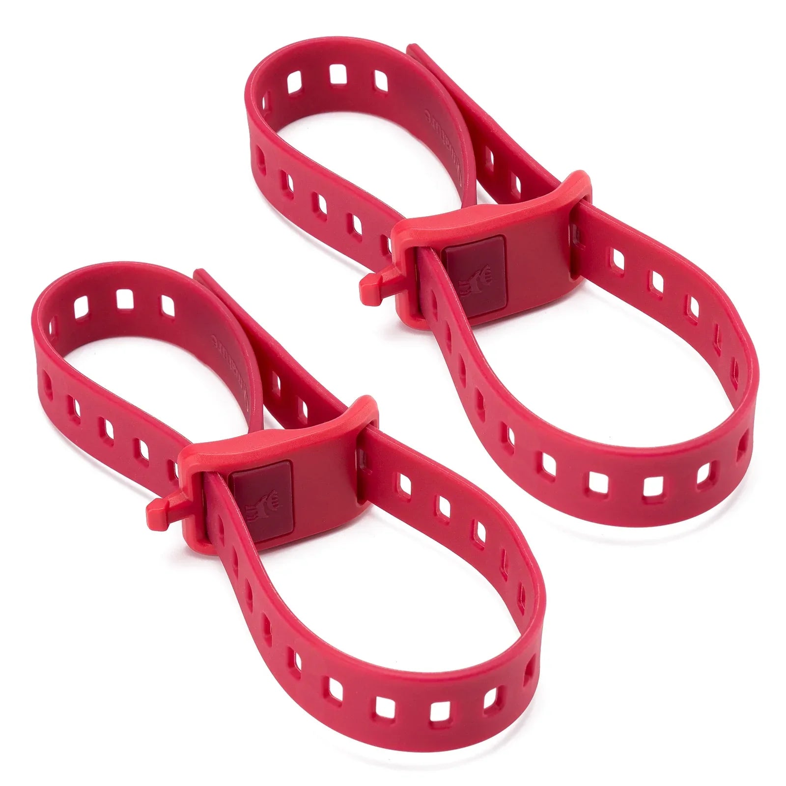 Two red plastic straps with a buckle on a white background#color_Black Red