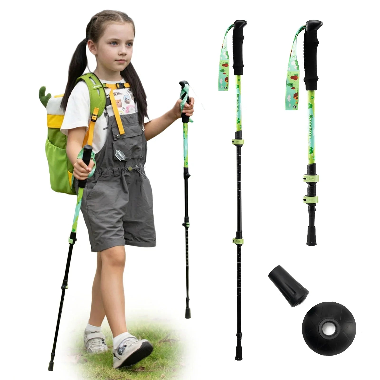 Child with hiking gear including a backpack, poles, and accessories on a white background#color_green