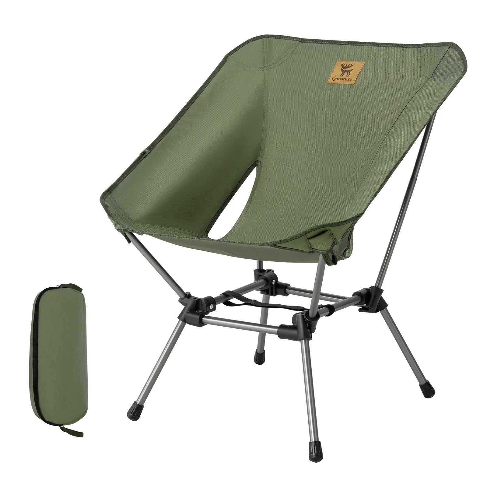 Green camping chair with carrying case on a white background