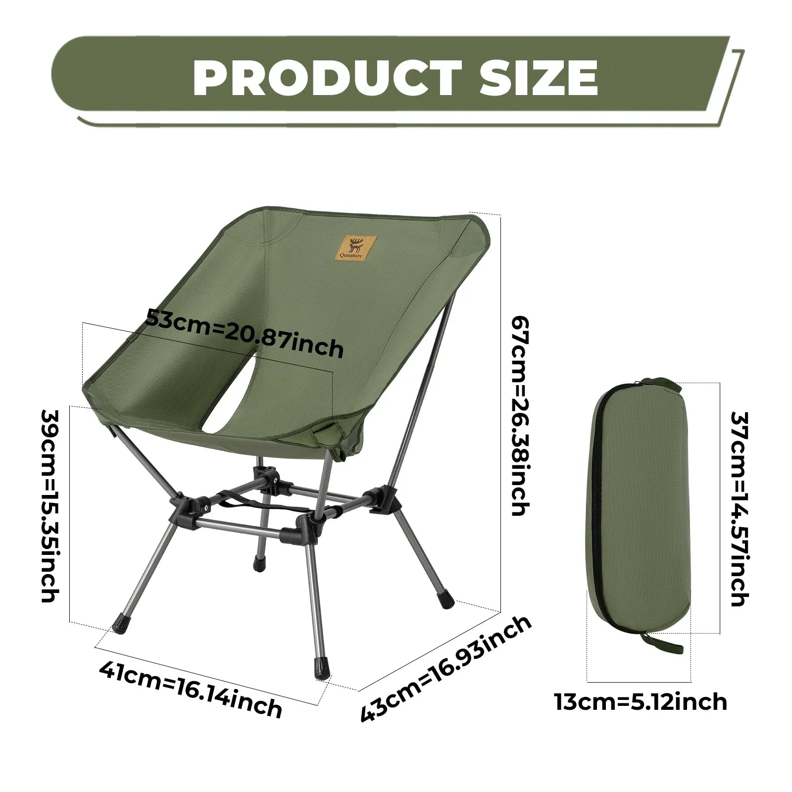 Green folding chair with measurements on a white background