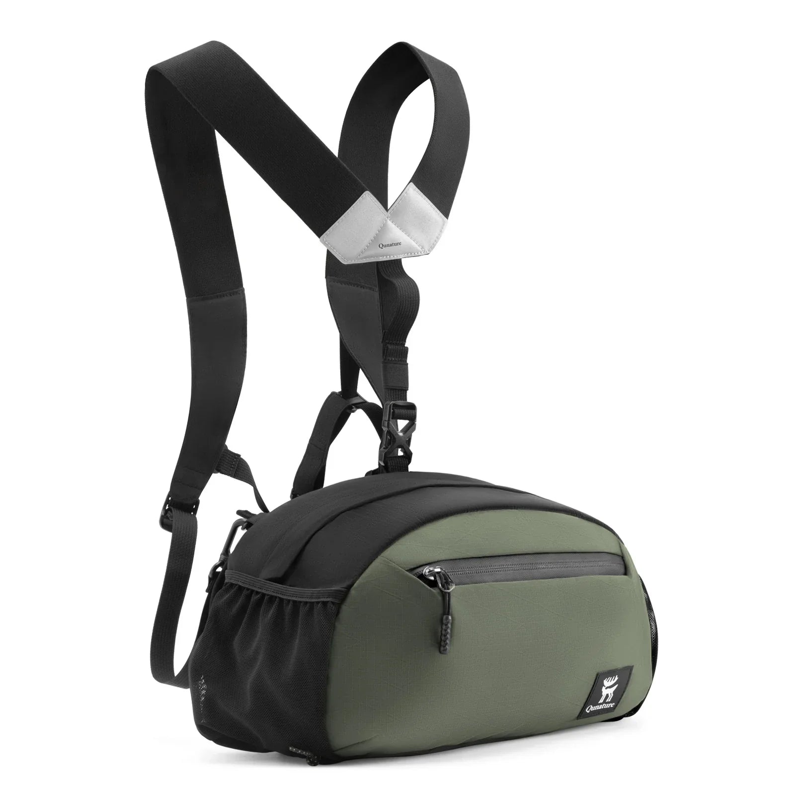 Green and black crossbody bag with adjustable straps on a white background#Color_green