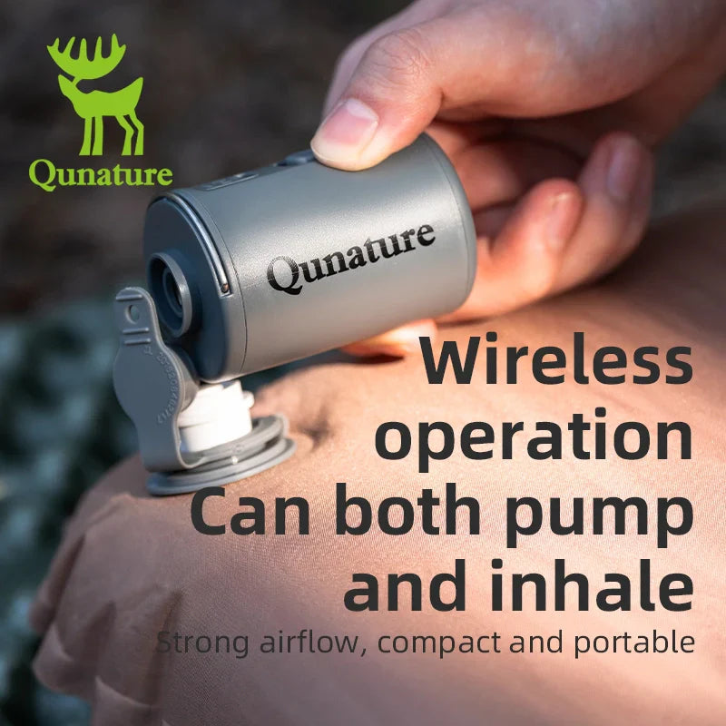 Hand holding a Qunature device with text about wireless operation and features.