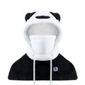 Black and white panda-shaped hood with a logo on a white background