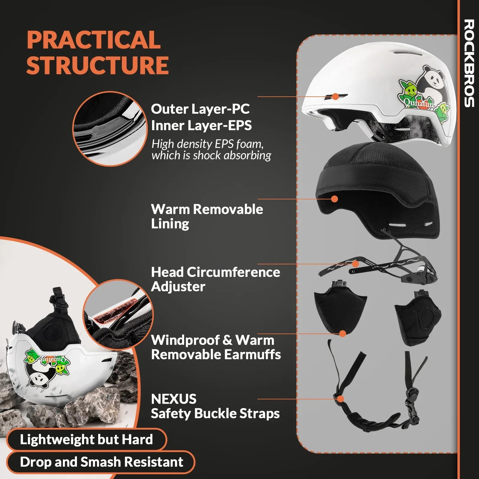 A panda design Qunature ski helmet with adjustable ventilation and a detachable liner, designed for winter sports#Color_White Shiny