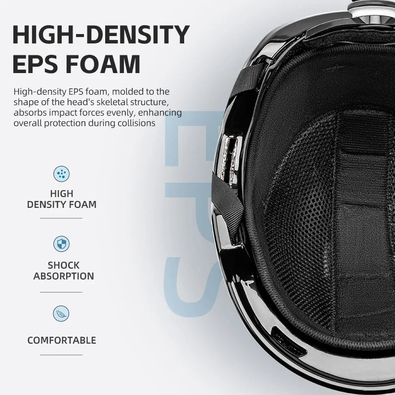 Close-up of a helmet interior with high-density EPS foam, text explaining its benefits.