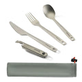 Set of camping cutlery with knife, fork, spoon, and tool in a carrying case on a white background