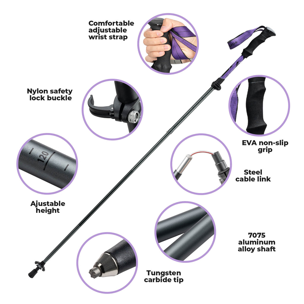 Qunature lightweight foldable trekking poles adjustable from 110 to 130cm, ideal for hiking, walking, and mountain adventures. #Color_Purple