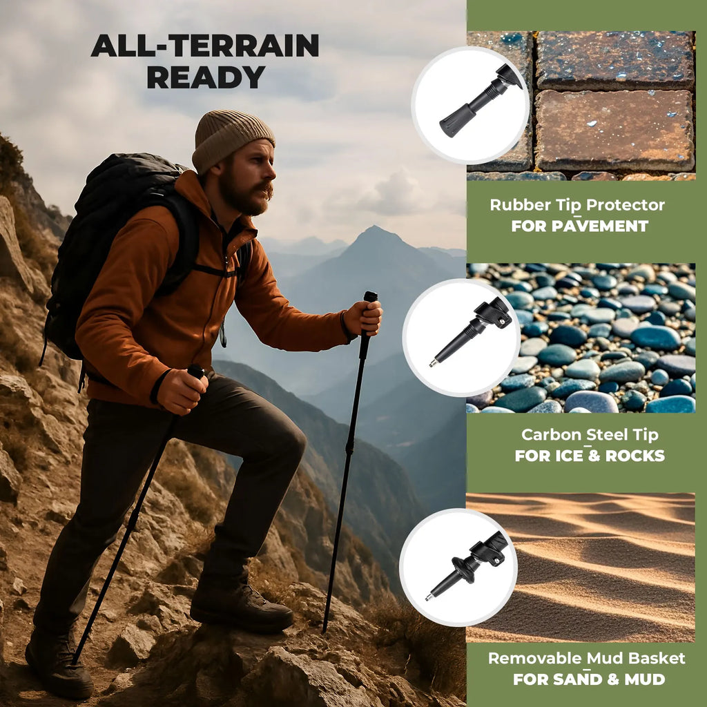 Hiker on a mountain with hiking poles, showcasing features like rubber tip protector, carbon steel tip, and removable mud basket.