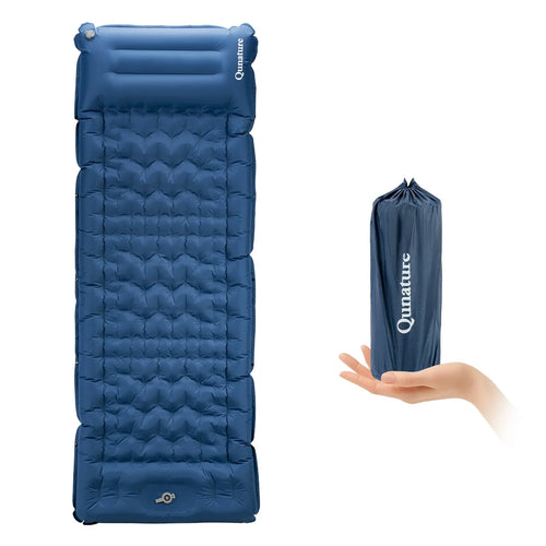 A lightweight inflatable blue camping sleeping pad with built-in pillow#Color_blue