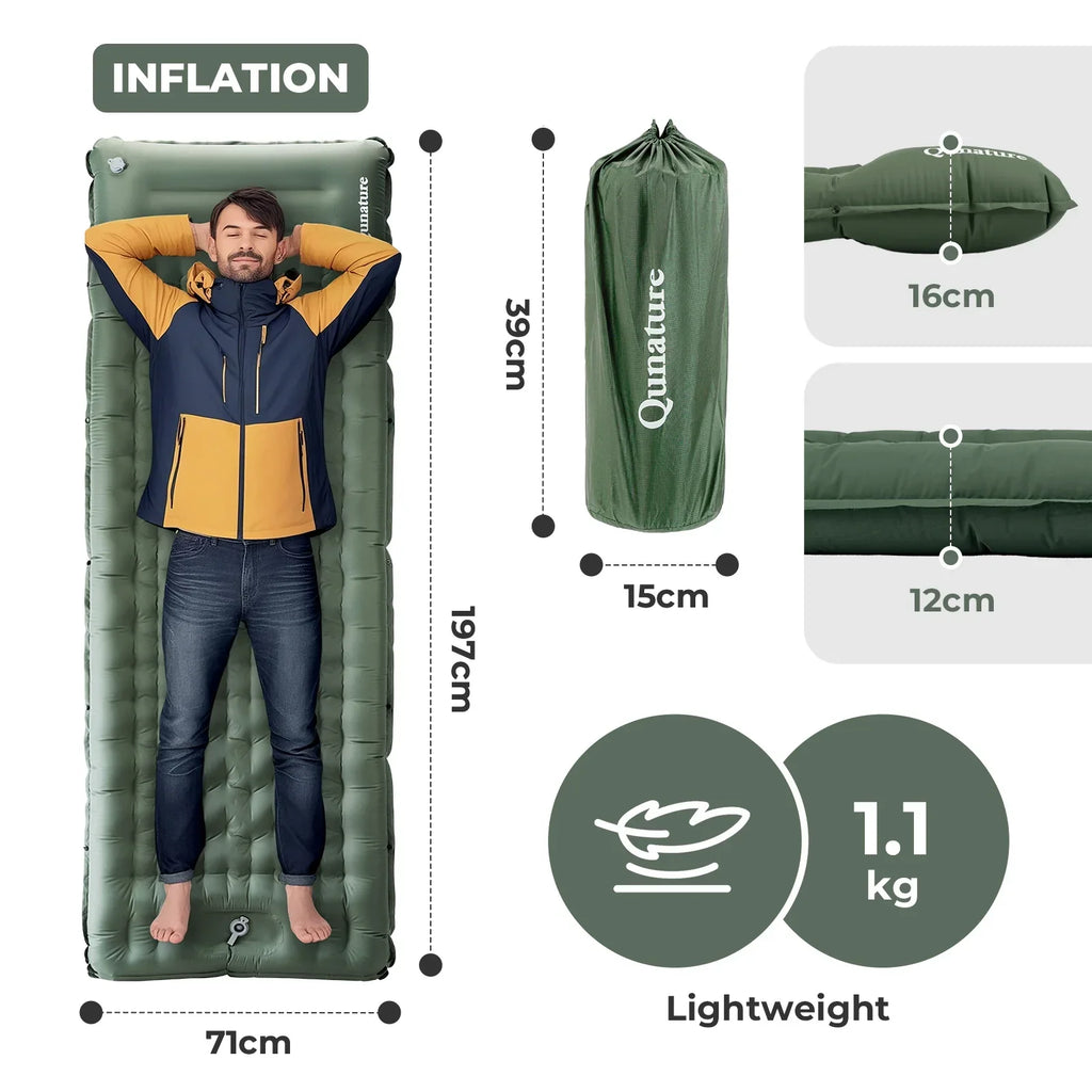 A lightweight inflatable blue camping sleeping pad with built-in pillow#Color_green