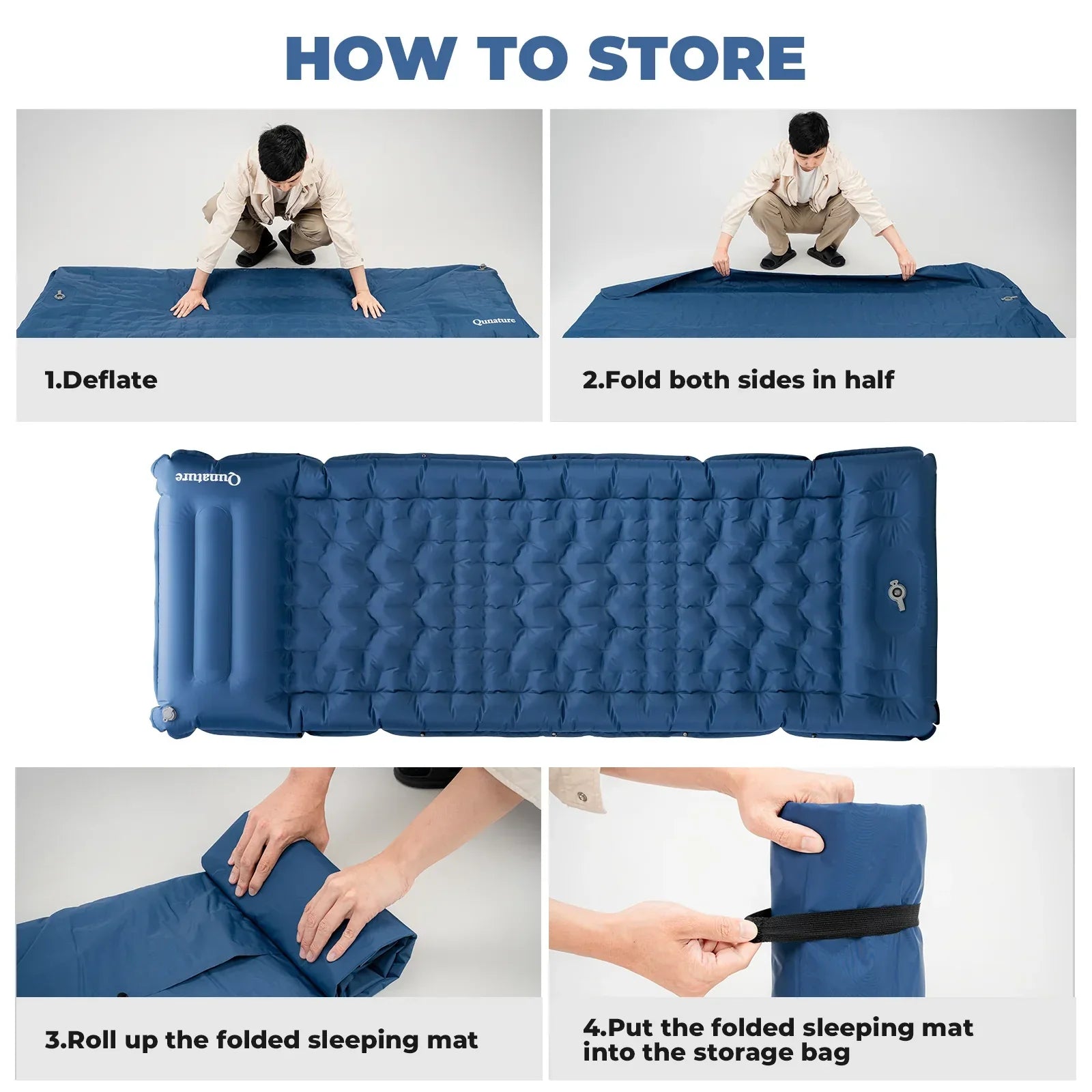 A lightweight inflatable blue camping sleeping pad with built-in pillow#Color_blue