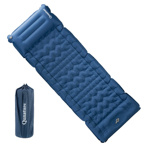 A lightweight inflatable blue camping sleeping pad with built-in pillow#Color_blue