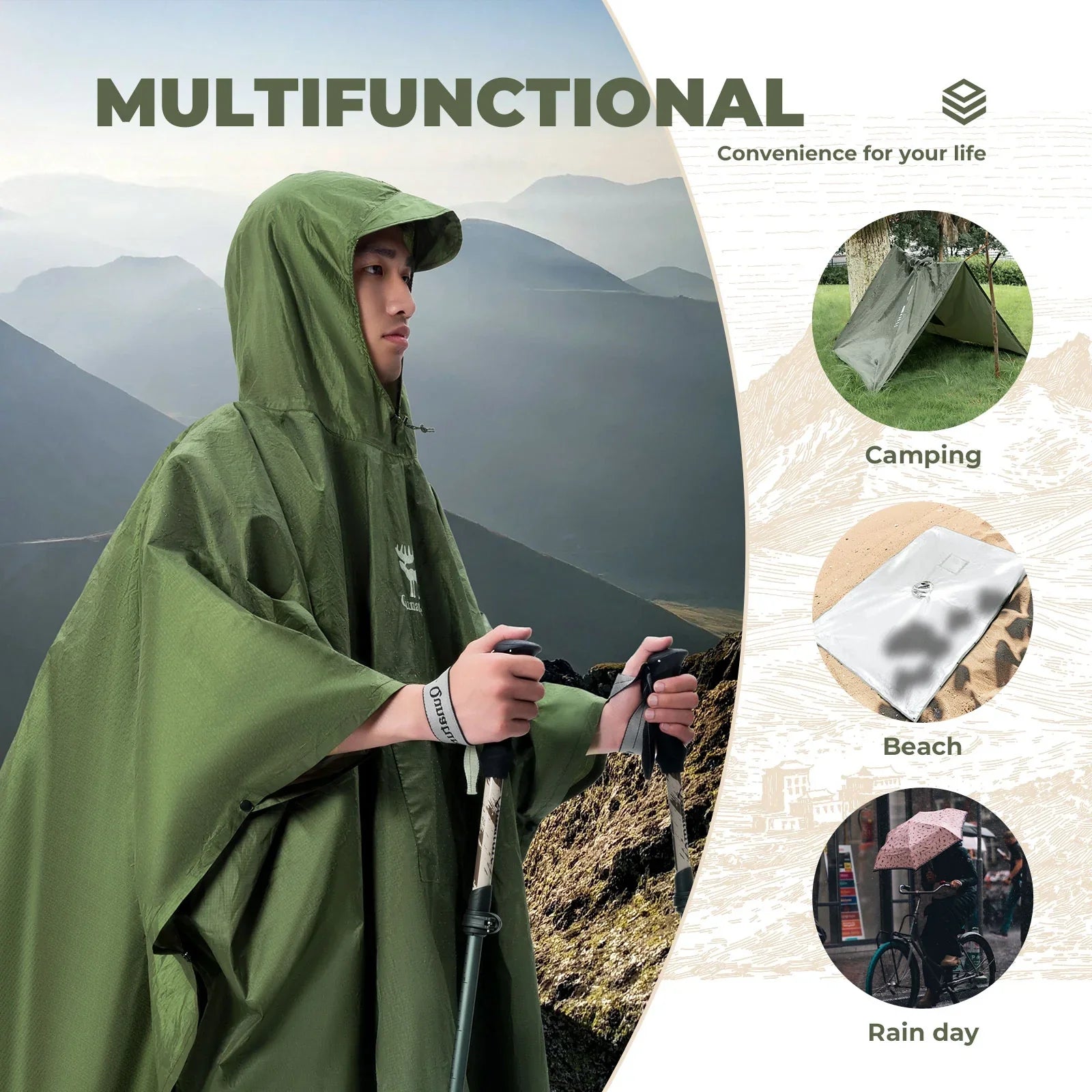 Person wearing a green multifunctional raincoat with mountainous background